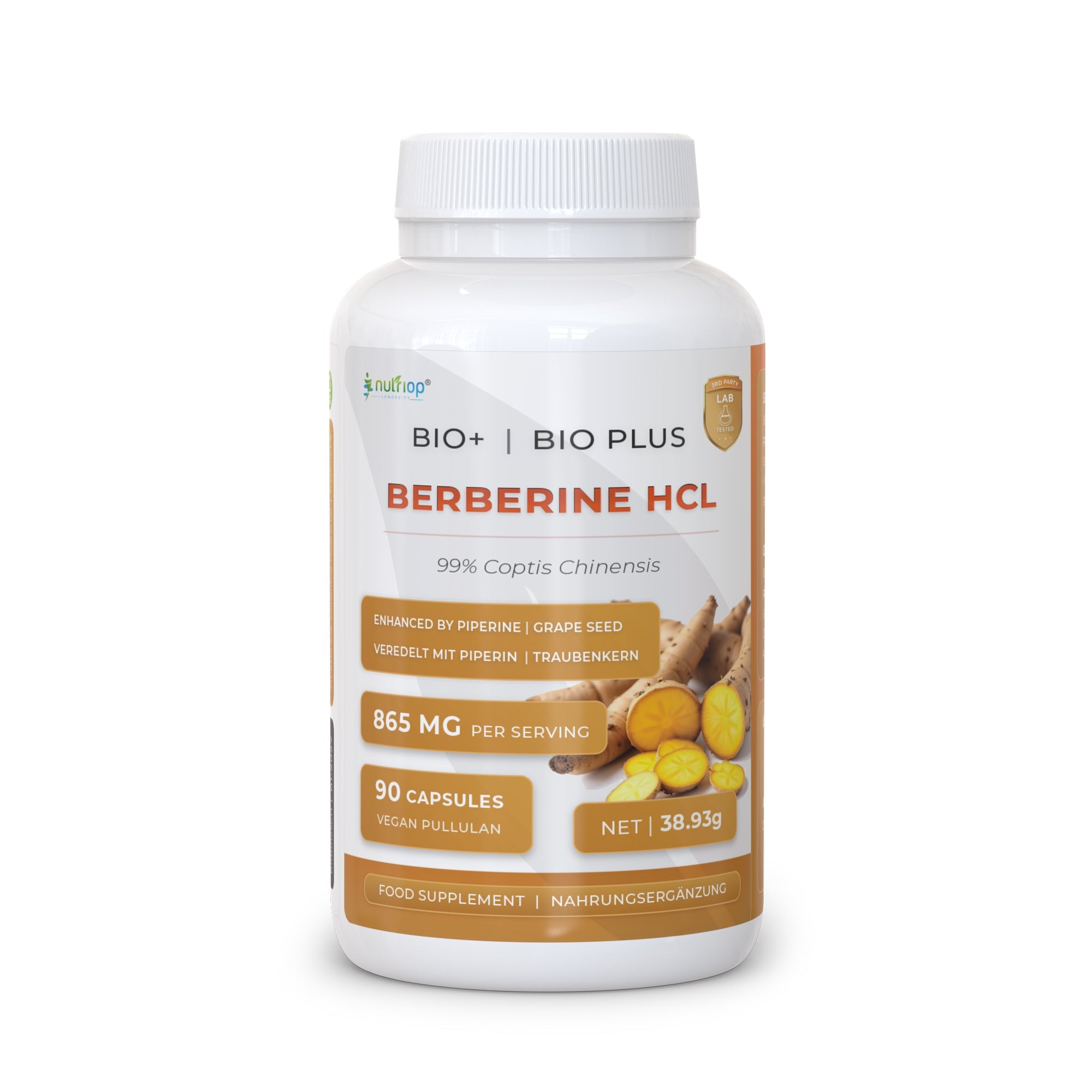 Nutriop Longevity® Bio-Enhanced Berberine HCL with Pure Organic Piperine and Grape Seed Extract - 865mg per serving (x45)-0